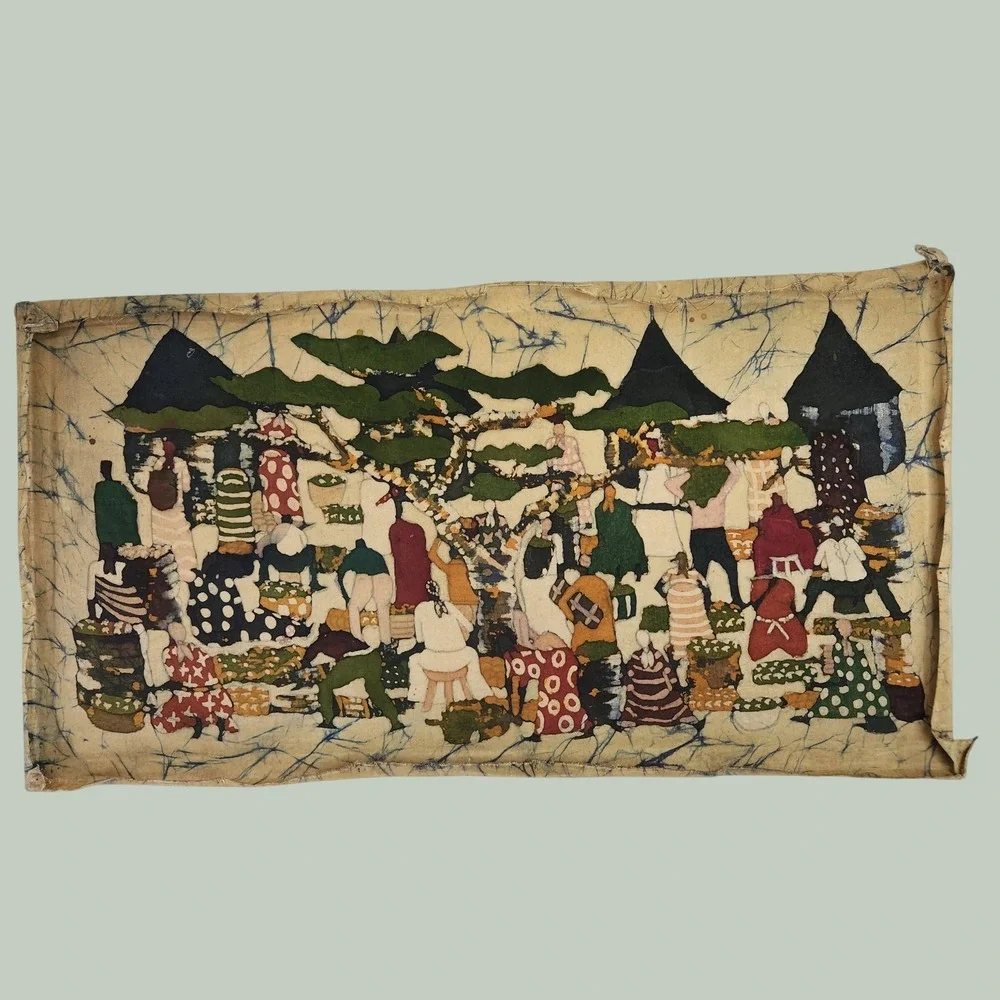 Vintage African Batik Fabric Art Hand Painted Village Market Scene 30x16 Tan